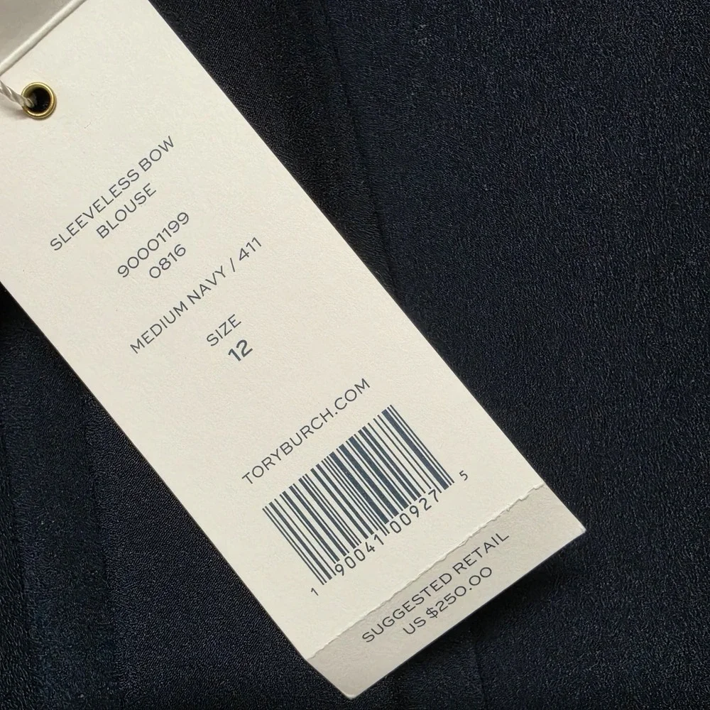 Tory Burch Sleeveless Bow Blouse Top Navy Blue Women's Size 12 NWT‎ Tie-Neck
